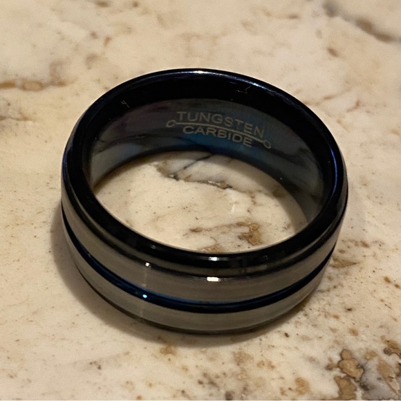 Tungsten Carbide Gunmetal Band Ring NEW! 10.5 Statement Minimalist Blue wedding - Picture 5 of 8